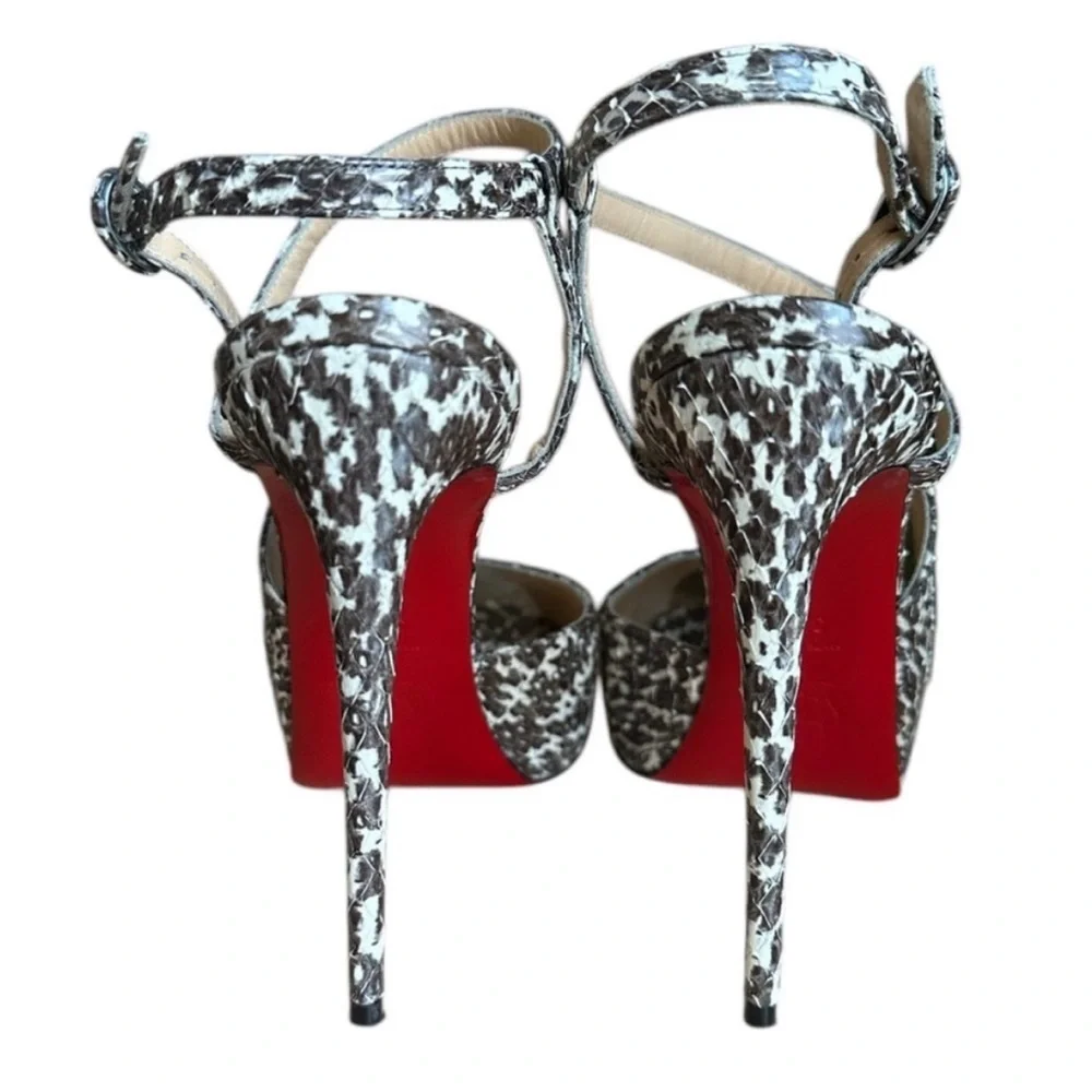 Christian Louboutin Black and White Snakeskin Peep-Toe Stiletto Sandals